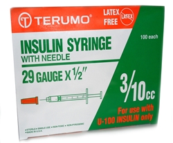 Terumo Insulin Syringe U-100, 3/10 cc, 29G X 1/2", 100/Box