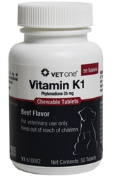 Vitamin K1 Chewable Tablets For Dogs & Cats 25 mg (VetOne), 50 Count
