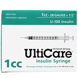 UltiCare Insulin Syringe U-100 1 cc, 28G X 1/2", 100/Box