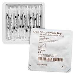 BD Allergy Syringe 1ml, 26G x 3/8" Intradermal Bevel Needle, 25/Tray